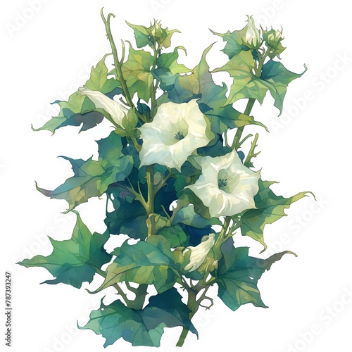 A rustic portrayal of a Jimsonweed plant, hallucinogenic properties cloaked in white and green, nightshades and moonlight whites, white background, vivid watercolor,  photo