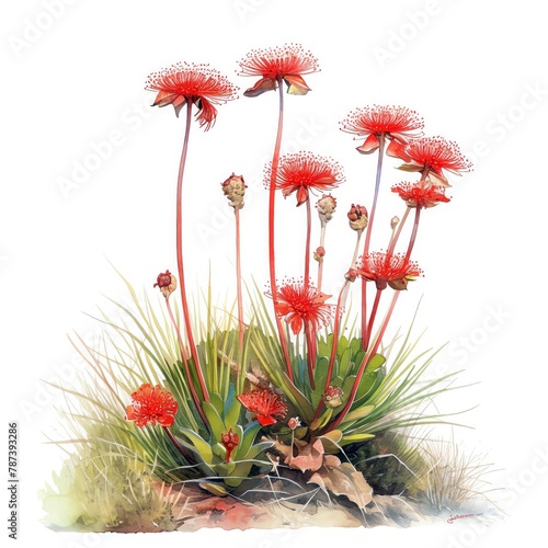 A serene illustration of Red Cape Sundew Drosera capensis on a South African cape, wild coastal colors and natural elegance, vivid watercolor, white background,  photo