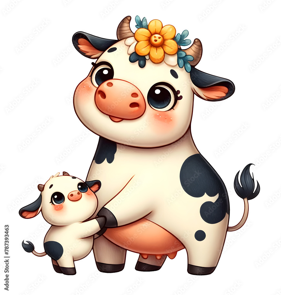 A Serene Mother Cow Embracing Her Delighted Little One A Serene Mother Cow Embracing Her Delighted Little One