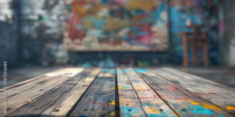 Blur-focused image of a painter's table foreground with a colorful graffiti wall backdrop