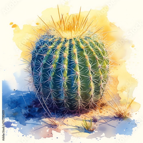 Arizona Barrel Cactus Ferocactus cylindraceus, cylindrical shape, golden hour in the desert, watercolor, isolate. photo