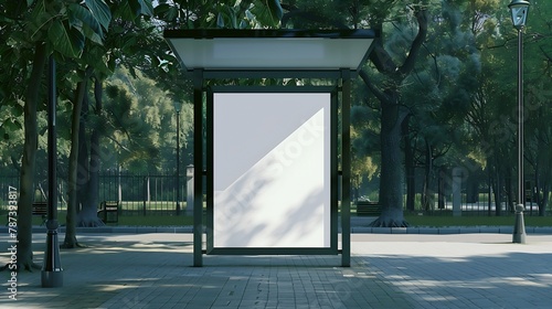 white blank advertising billboard digital mockup panel digital lightbox poster ad banner board bus shelter advertising green park background vertical advert sign stucco facades europea : Generative AI