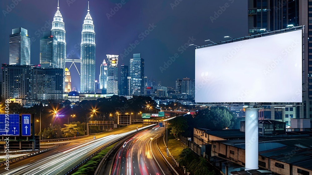 Obraz premium Blank white road billboard with KL cityscape background at night time Street advertising poster mock up 3D rendering Front view The concept of marketing communication to promote or sel : Generative AI