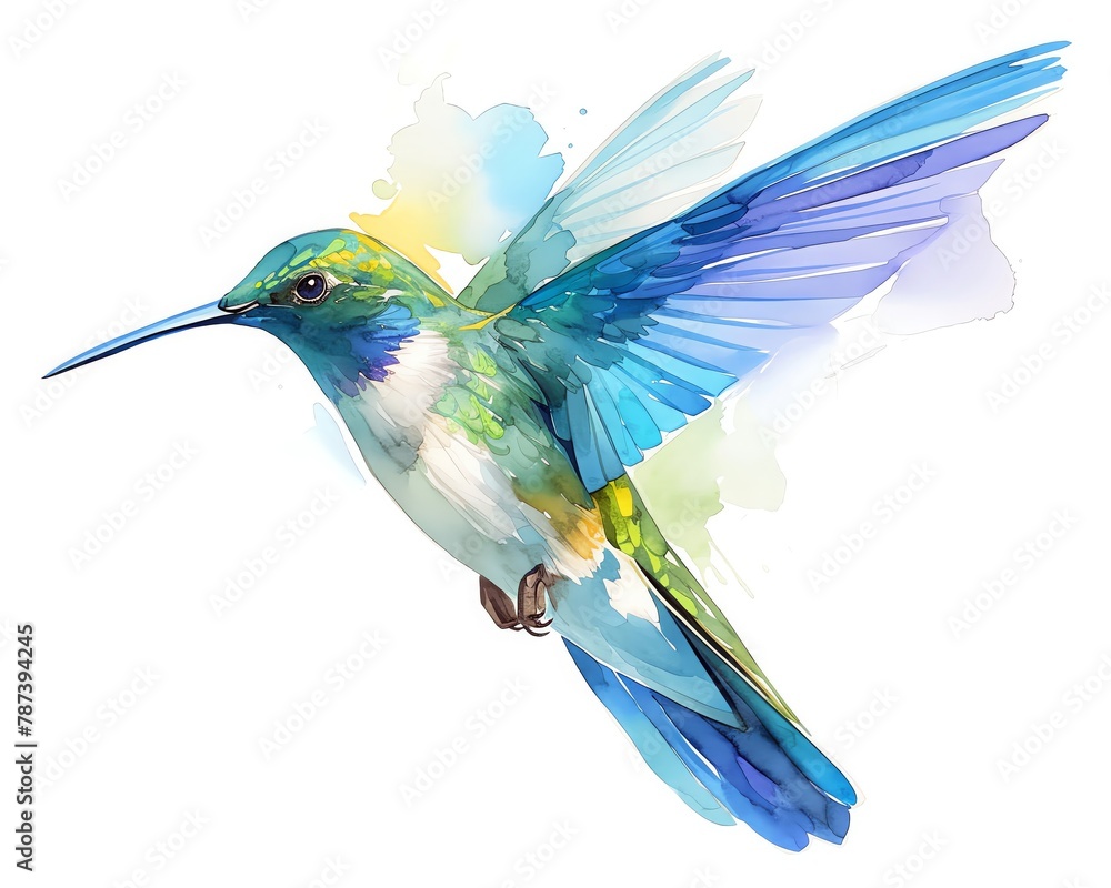 Fototapeta premium A delicate painting of a hummingbird in midflight, bright greens and blues highlighted, white background, vivid watercolor, white background, 