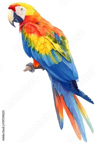 A colorful rendering of a parrot, vivid feathers in a spectrum of colors, white background, vivid watercolor, white background,  © Pakorn