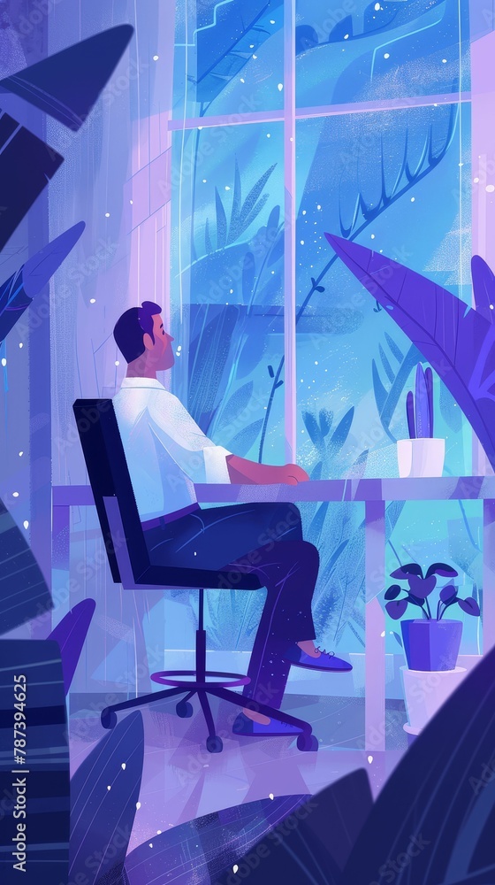 Man sitting at desk looking out window at snowy forest. Man sitting at desk looking out window at snowy forest.
