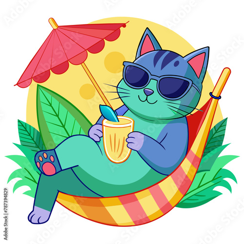 A cat wearing oversized sunglasses and lounging in a hammock, with a tropical drink beside it