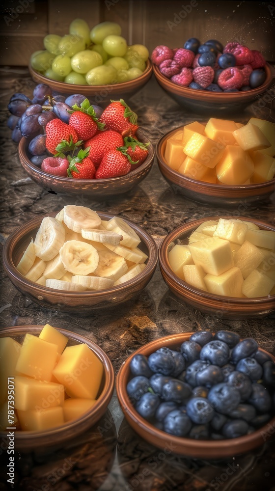 A variety of fruits in bowls, including grapes, strawberries, raspberries, blueberries, bananas, and mangos. A variety of fruits in bowls, including grapes, strawberries, raspberries, blueberries, bananas, and mangos.