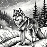 설원에 서있는 늑대를 정교하게 흑백 스케치