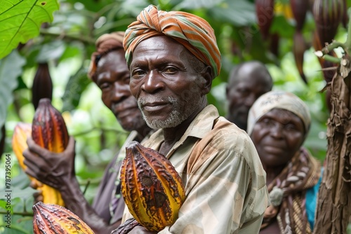 Farmers with ripe cacao pods in a lush green plantation.