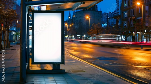 Vertical advertising poster mockup at empty bus stop shelter by main road Outofhome OOH 6 sheet billboard media display space in city : Generative AI photo
