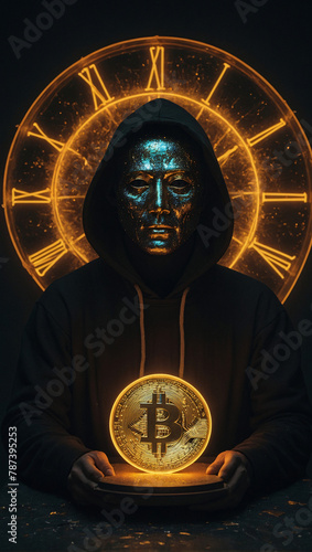 a man in a black hoodie with a coin in front of him bitcoin concept