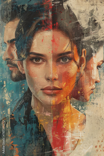 A woman in a love triangle, on her face there is a mixture of longing and tenderness. The main character is in the center, divided between a man and a woman. Cover of a book about love, romance novel.