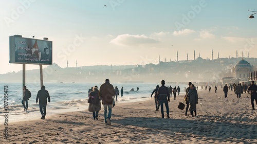 Istanbul eminonu advertising sign on the beach People are walking around me : Generative AI photo