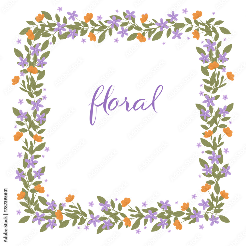 Flower frame for print design. Abstract purple and orange flowers. Vector vintage card. Hand drawn style. Thank you title. Square frame. Design for invitation, wedding or greeting cards.