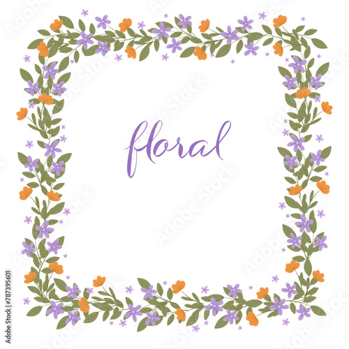 Flower frame for print design. Abstract purple and orange flowers. Vector vintage card. Hand drawn style. Thank you title. Square frame. Design for invitation, wedding or greeting cards.