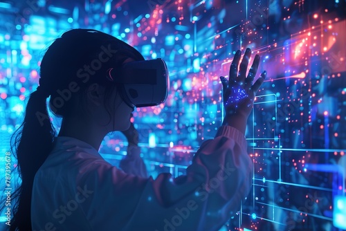 Person using VR headset in a room with futuristic digital graphics.