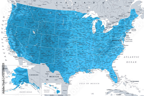 United States - Highly Detailed Vector Map of the USA. Ideally for the Print Posters. Sapphire Blue Green Grey Colors. Relief Topographic