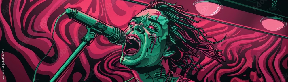 A close up of a zombie singing into a microphone with a pink background