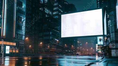 Blank white billboard on city buildings background at night front view Mockup advertising concept : Generative AI photo