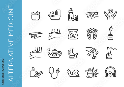Alternative Medicine icons. Set of icons representing various practices and elements of alternative medicine. Includes Herbal Medicine, Acupuncture, Chiropractic, Yoga, Meditation. Vector illustration