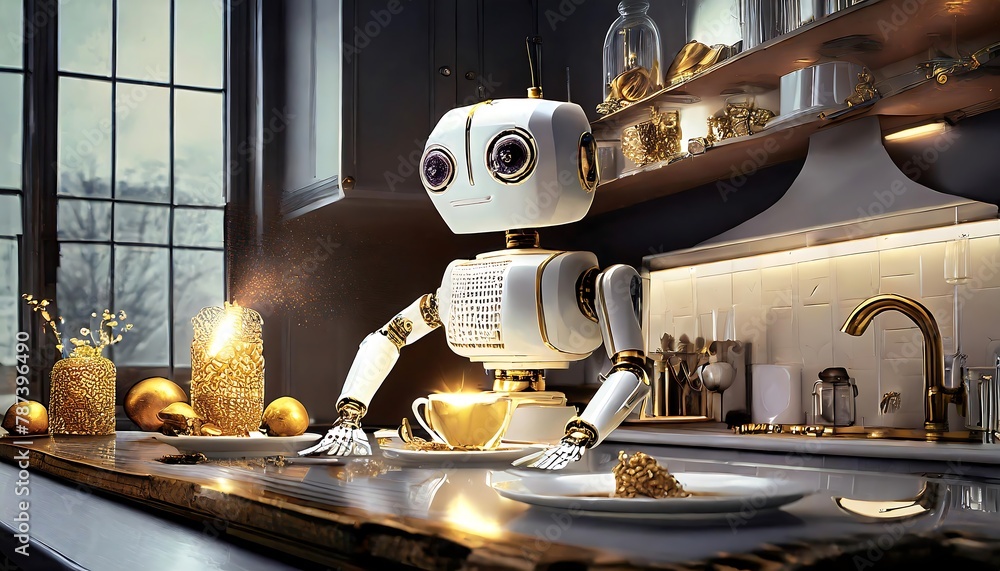 Roboter steht in einer modernen Küche - obrazy, fototapety, plakaty 
