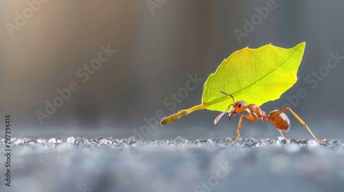 Macro image of an ant carrying a leaf piece photo