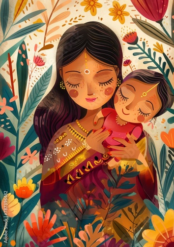 Mother's Day different ethnicities. Mother's Day seamless illustration. Mother and kid on Mother's Day. Indian mother and daughter on Mother's Day. Vertical banking poster background for web