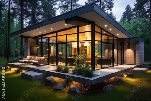Modern Eco-Friendly House with Solar Panels on Roof Providing Renewable Energy Source