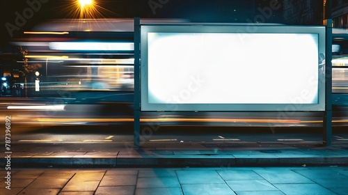 Light box display with white blank space for ads Urban mockup design concept with beautiful bus light trails at night Long exposure : Generative AI