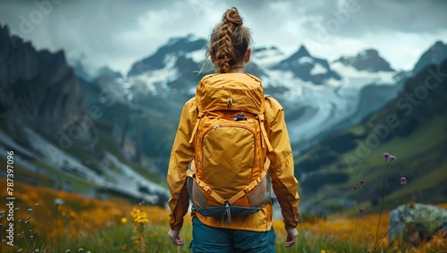 Woman in sportswear hiking with a backpack in the mountains, exploring and fitness