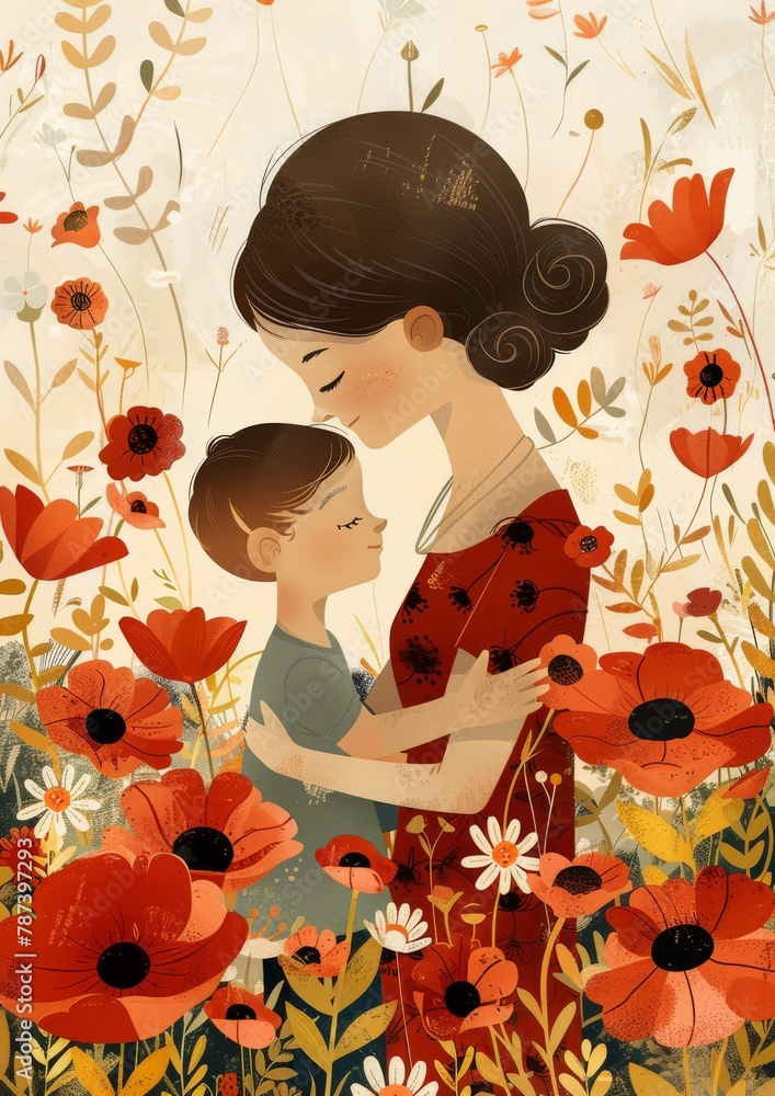 Fototapeta premium Mother's Day illustration. Mother's Day different ethnicities. Mother and kid on Mother's Day. Mother and son on Mother's Day. Vertical banking poster background for web