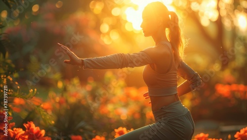 Woman in sportswear practicing tai chi in a tranquil garden, promoting mental and physical balance