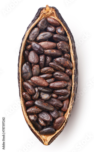 Cocoa pod half isolated on white background. Cocoa fruit with clipping path