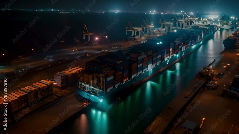 Container ship working at night, Import export logistics business and international global trade transportation with container ship in the open sea, Aerial view of cargo transport terminal at night