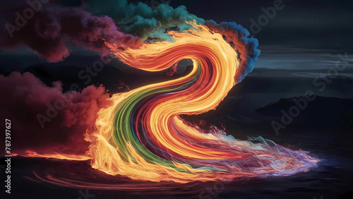 Explosión de color: llamarada en rojo, naranja y amarillo, humo y energía en una ilustración enigmática. Misterio entre olas de luz, estelas y tornados