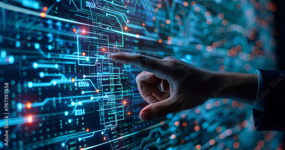 Smart Tech: Businessman Interacts with AI, Data Science, and IT on Virtual Screen. Includes Big Data, Machine Learning, and Coding Smart Tech: Businessman Interacts with AI, Data Science, and IT on Virtual Screen. Includes Big Data, Machine Learning, and Coding
