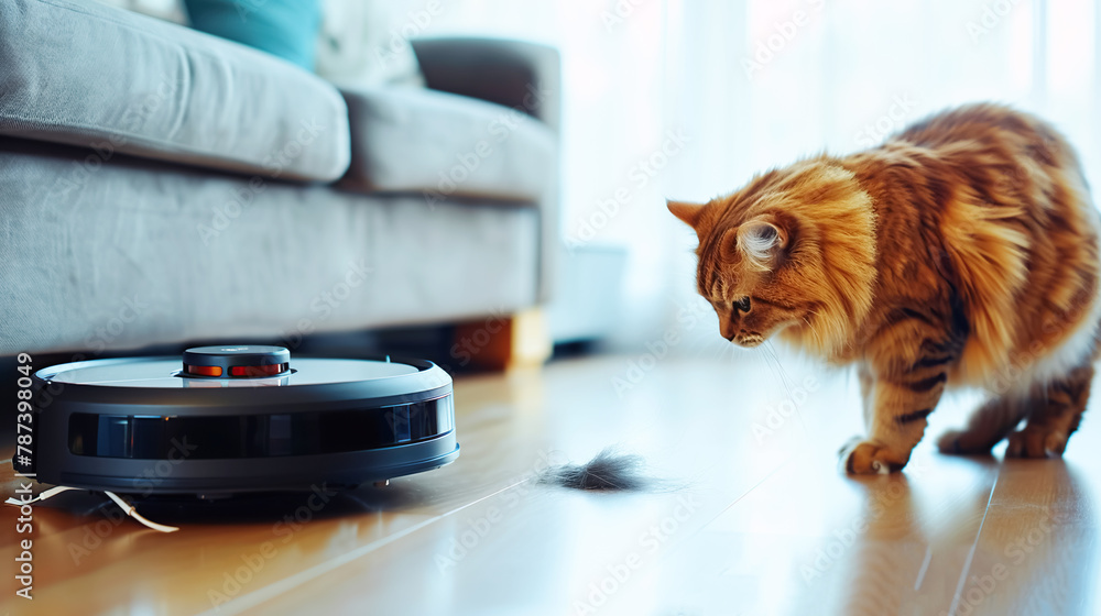 A cat watches a robot vacuum cleaner with interest, highlighting the interaction between pets and smart home devices. The concept of cleaning, cleanliness and hygiene in modern home