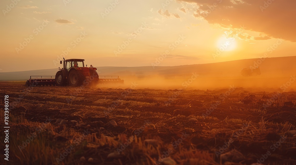 A vivid scene of tractors and workers tirelessly plowing the fields, captured at sunset, highlighting the beauty of agricultural labor A vivid scene of tractors and workers tirelessly plowing the fields, captured at sunset, highlighting the beauty of agricultural labor