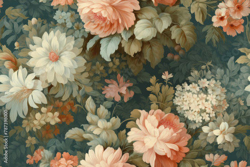 Seamless botanical pattern with peach-toned blooms and lush foliage