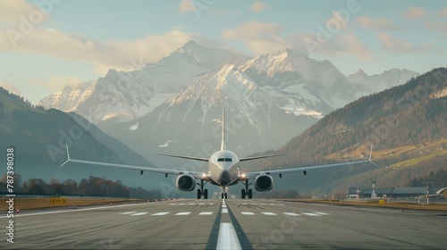 A passenger plane ascends from the runway against a majestic mountain backdrop, captured in clear weather, showcasing aviation in stunning