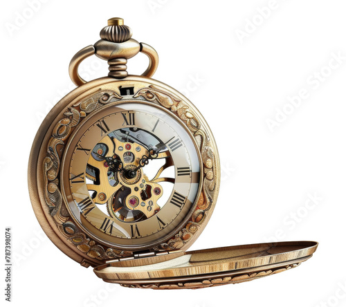 Open pocket watch with exposed gears isolated on transparent background