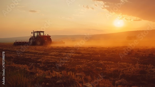 A vivid scene of tractors and workers tirelessly plowing the fields, captured at sunset, highlighting the beauty of agricultural labor