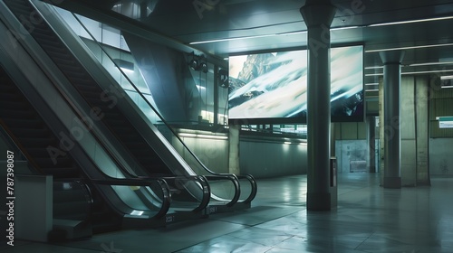 Billboard mockup near an escalator at a train station : Generative AI