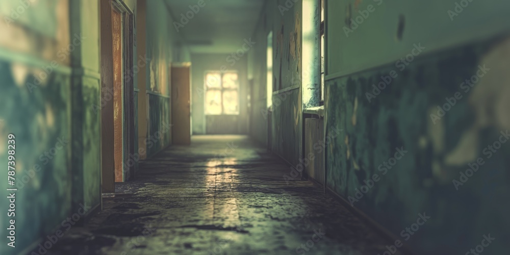 An eerie, abandoned hall providing a sense of mystery with its dark, greenish walls and worn out floor, invoking a spooky ambiance