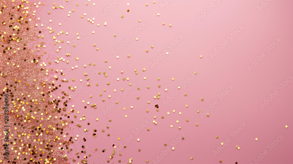 Fototapeta premium Simple minimal background for design. Golden confetti on a pink background. Empty border frame with copy space. Generative AI