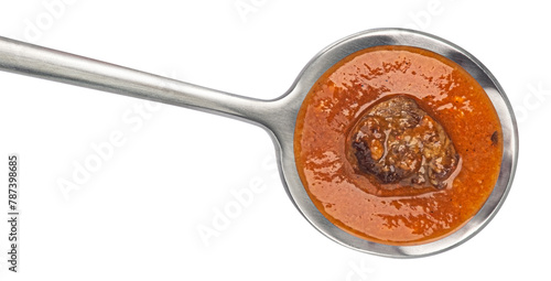 Beef stew in spoon isolated on white background, top view, full depth of field