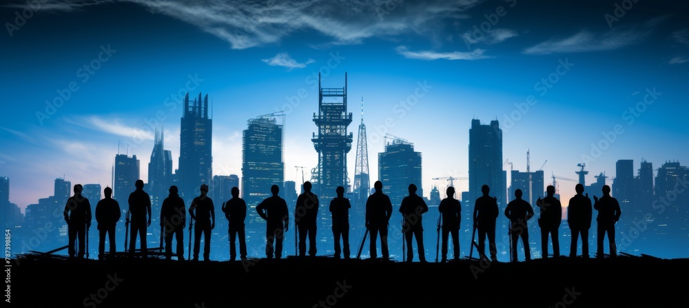 a group of workers on a construction site, with engineering infrastructure and business people silhouetted against industrial buildings