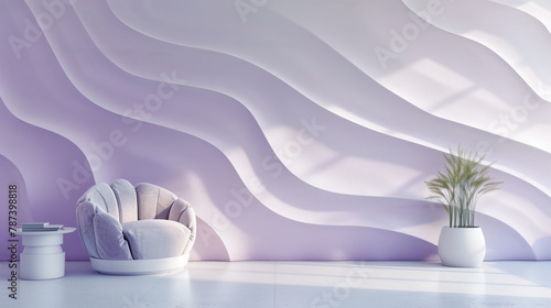 Contemporary minimalist interior with textured pastel purple wave wall and stylish white armchair. Generative AI
