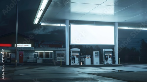 Large white blank billboard mockup displayed inside the gas station : Generative AI photo
